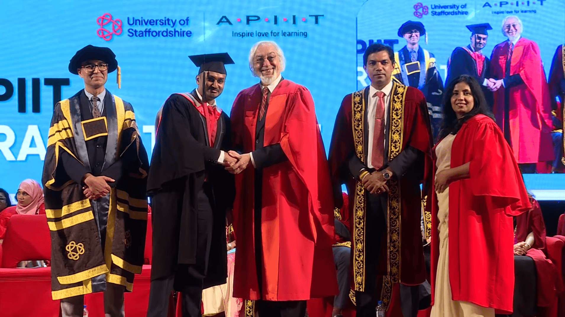 Jayodya Methmal receiving the Gold Medal for Best Performance in Cybersecurity at the University of Staffordshire / APIIT graduation ceremony